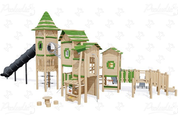 Grøn Landsby J49212® legepladser bæredygtig naturtræ serie legetårne billede 3d