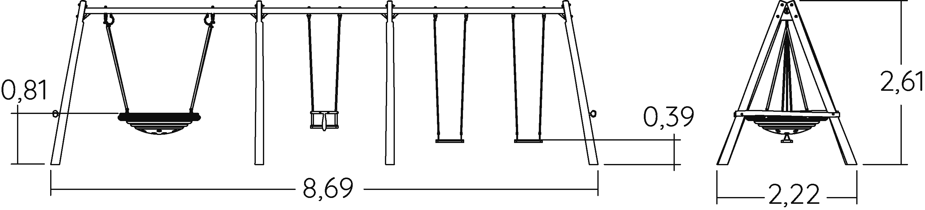 Pod seat, 2 flat seats, 1 cradle seat J447 legepladser bæredygtig naturtræ serie gynger billede set fra siden